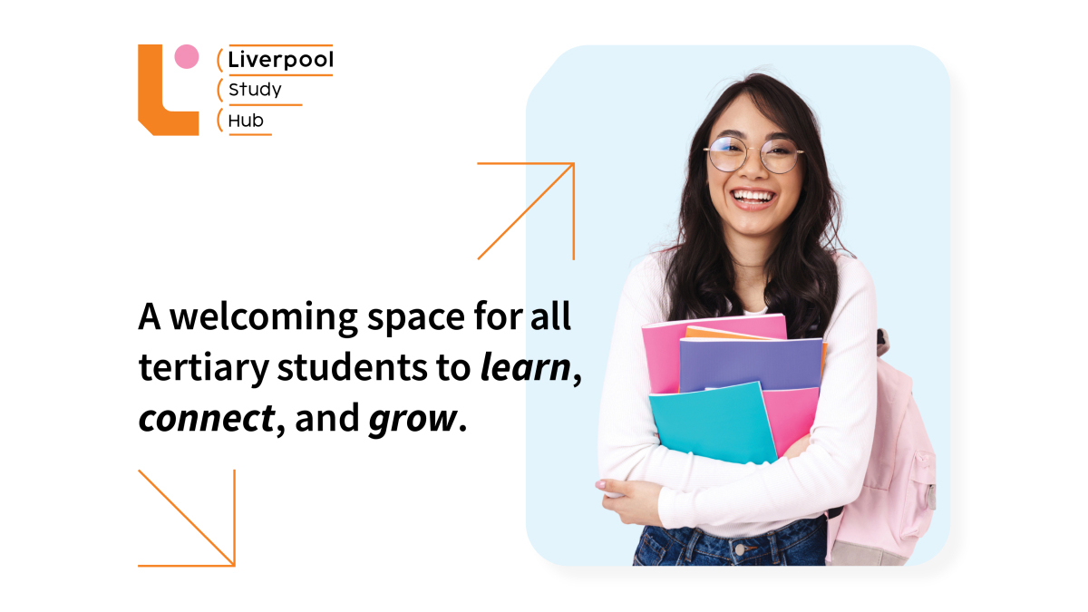 A girl smiling with the Liverpool Study Hub logo