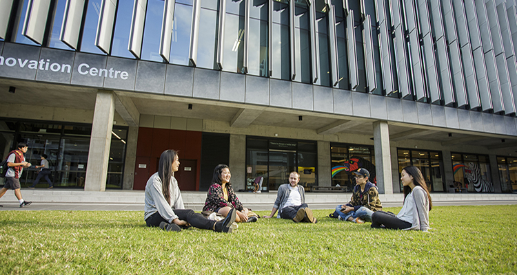 students sitting on grass