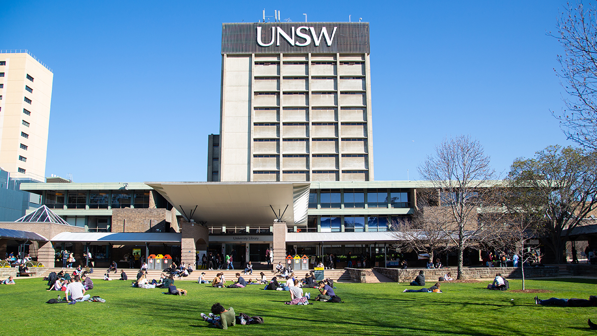 Students on the library lawn