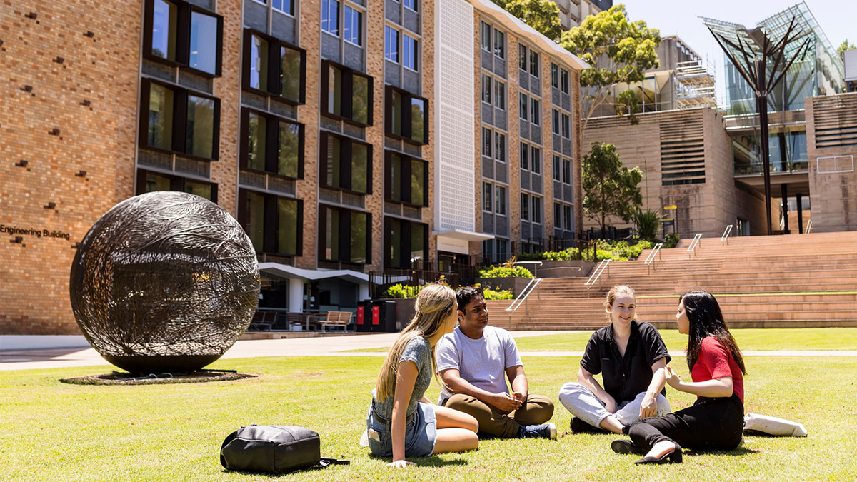Students sitting on lawn