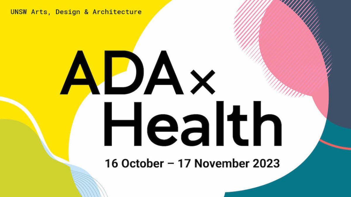 Illustration of white bubble with yellow, pink and teal background with the text ADA x Health