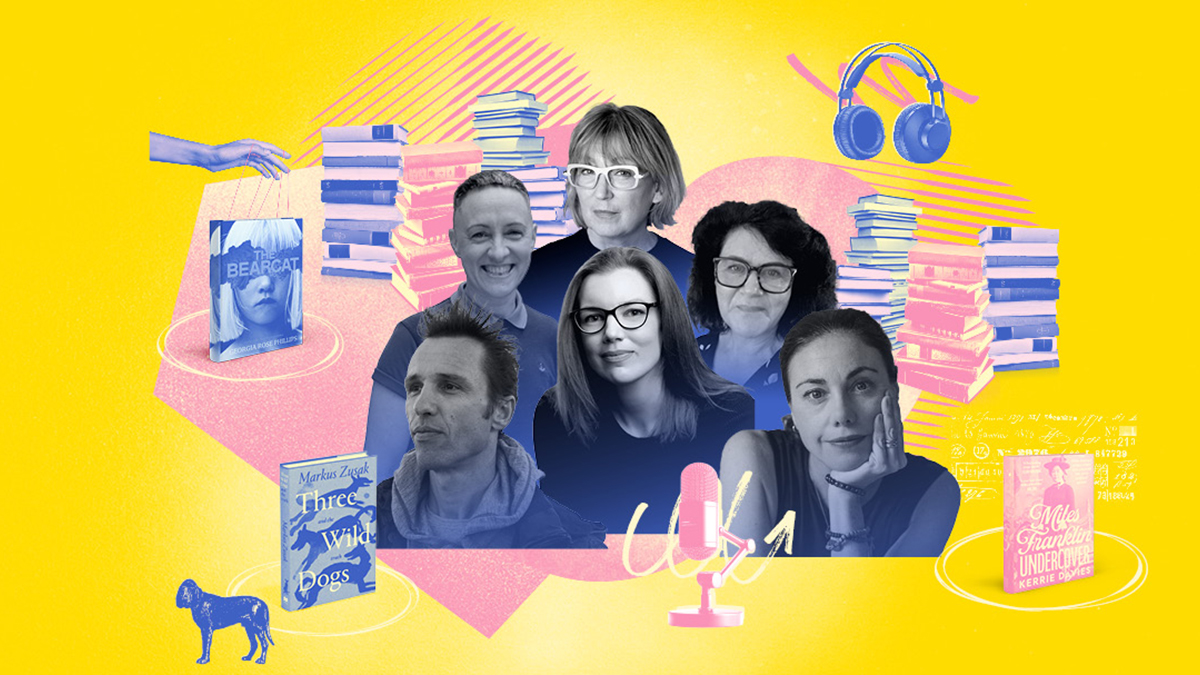 Speakers in the Novel Thinking podcast series against a yellow background