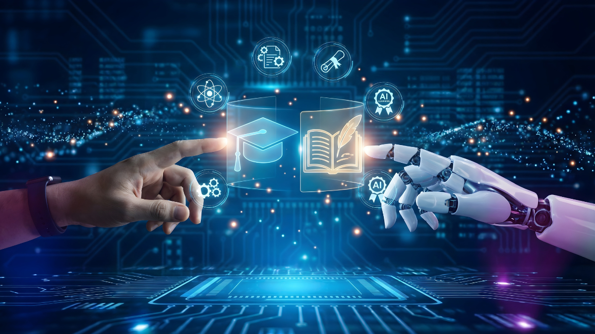 A robot hand and a human hand reaching out to each other in an AI location.