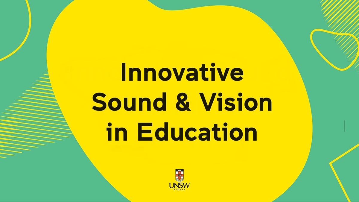 Yellow amorphous shape with the words Innovative Sound and Vision in Education overlaid against a green background