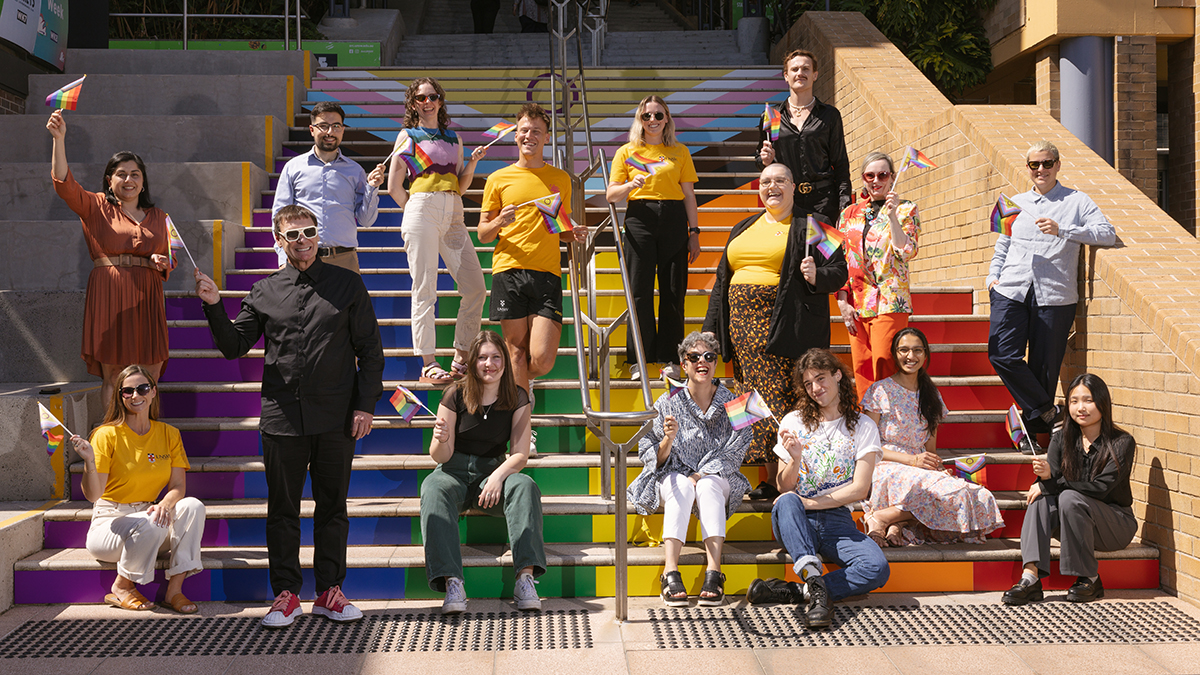 UNSW staff and students on the newly repainted Basser steps