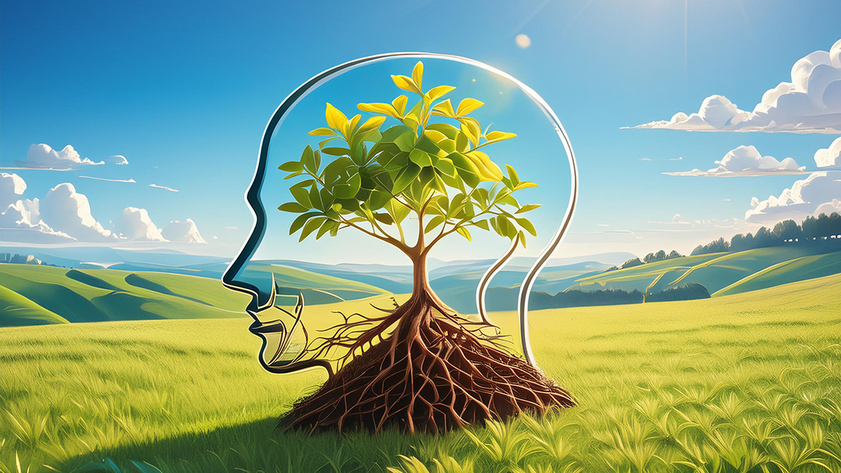 Illustration of a tree in a field inside a translucent head