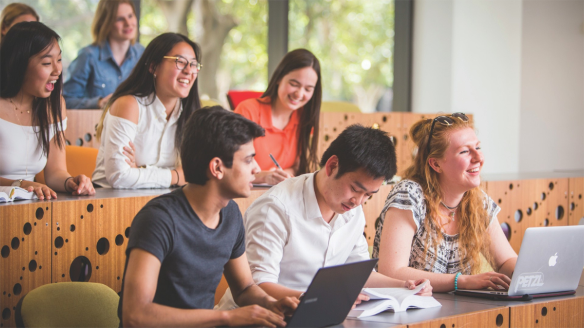 Students in a tiered classroom