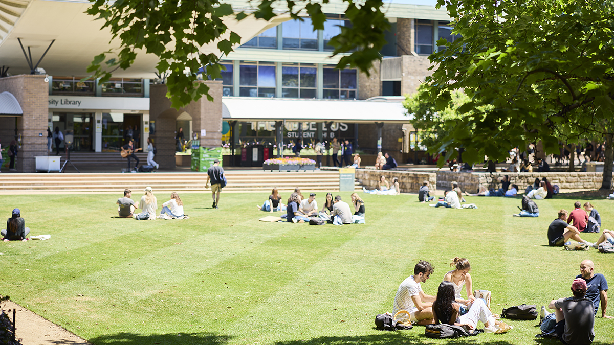 People sitting on Library Lawn at UNSW's Kensington campus
