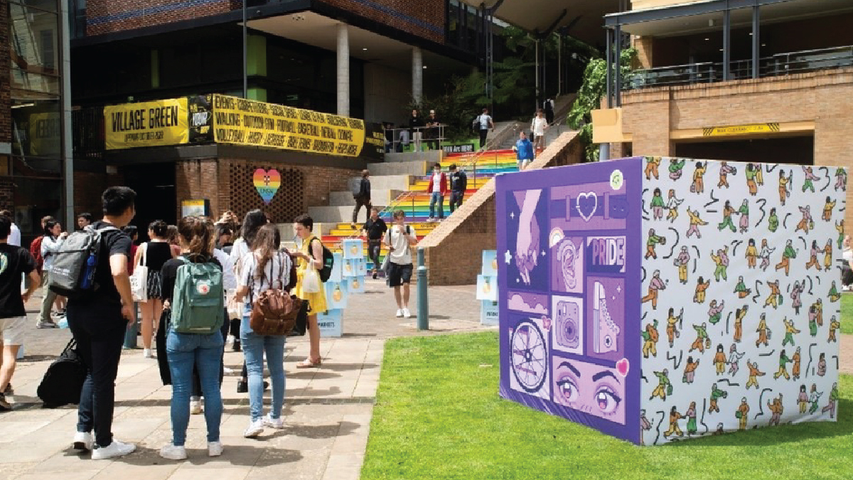 Lower UNSW campus with a crowd of students at a diversity event
