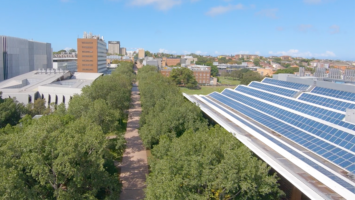 View across rooftops with solar panels