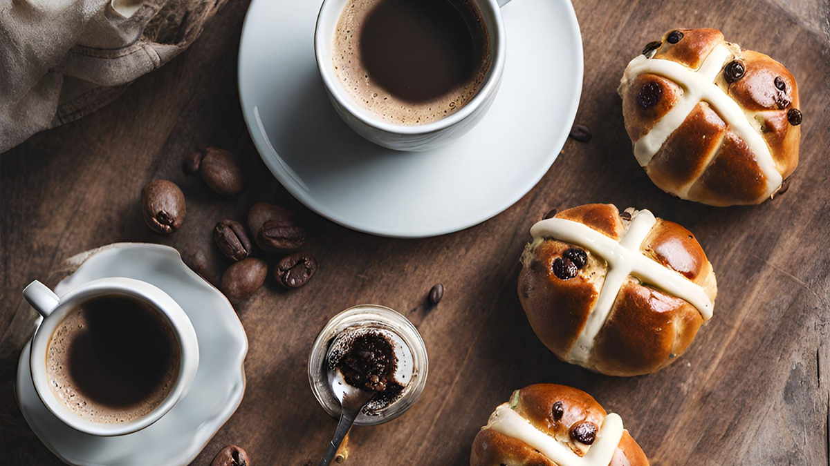 Hot cross buns on a wooden bench beside white cup with coffee