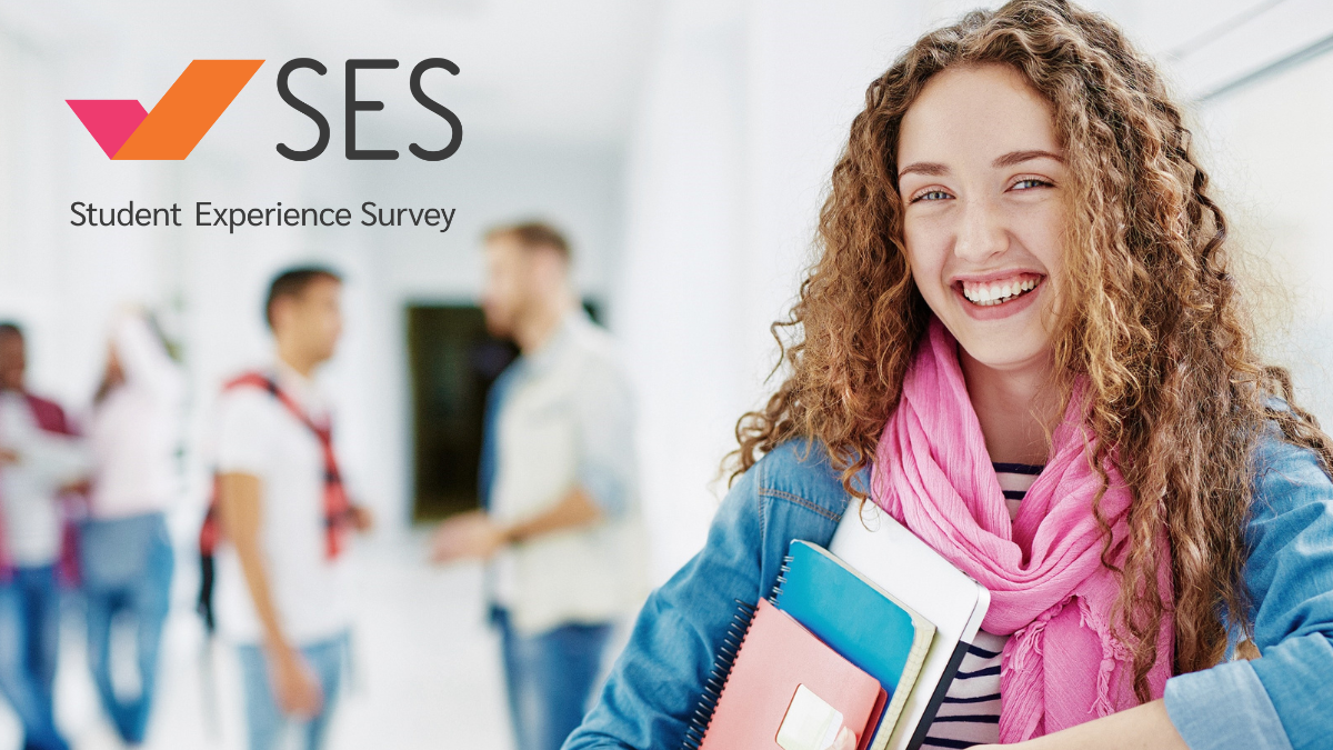 Photo of female student with long curly hair with the SES logo