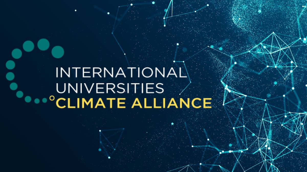 Graphic with dark blue background overlaid with lines representing a network and the words "International Universities Climate Alliance"