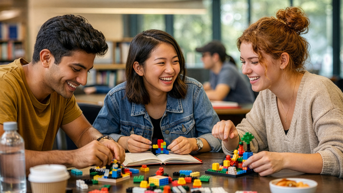 Three adults sitting at a table playing with LEGO blocks.