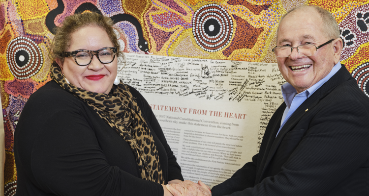 Prof Megan Davis and Neil Balnaves shaking hands