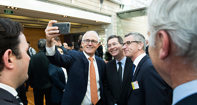 Prime Minister Malcolm Turnbull with Professor Ian Jacobs and Darren Goodsir