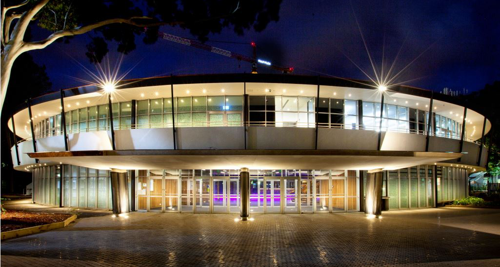 Roundhouse building at nighttime