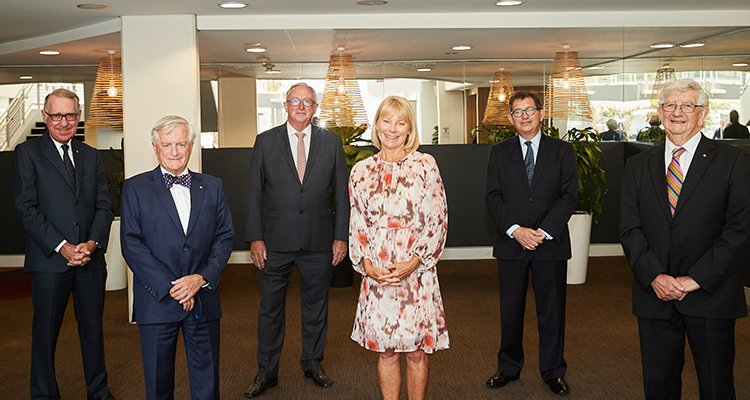 David Gonski AC, Chancellor, UNSW Sydney; Dr Peter Tyree AM, Director and past Chairman, Sir William Tyree Foundation; The Hon. Brad Hazzard, NSW Minister for Health and Minister for Medical Research; Robbie Fennell, Chair, Sir William Tyree Foundation; Professor Ian Jacobs, President & Vice-Chancellor, UNSW Sydney and Emeritus Professor Ian Webster AO, Director, Sir William Tyree Foundation. Photo: Richard Freeman.