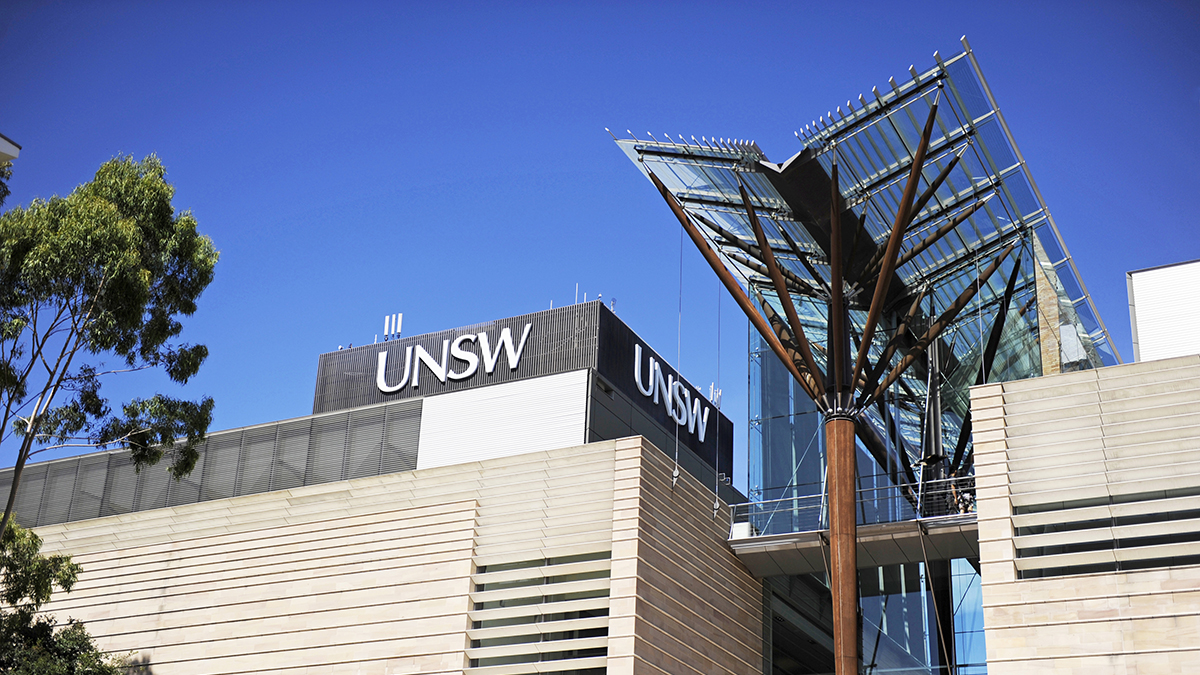 Scientia building with UNSW library in the background against a blue sky