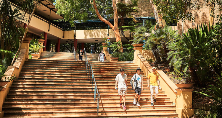 students walking down stairs