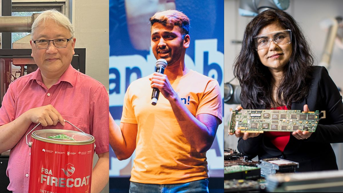 An Asian man with white hair holds a tin of paint, a young man speaks into a microphone and a woman with dark hair holds a circuit board