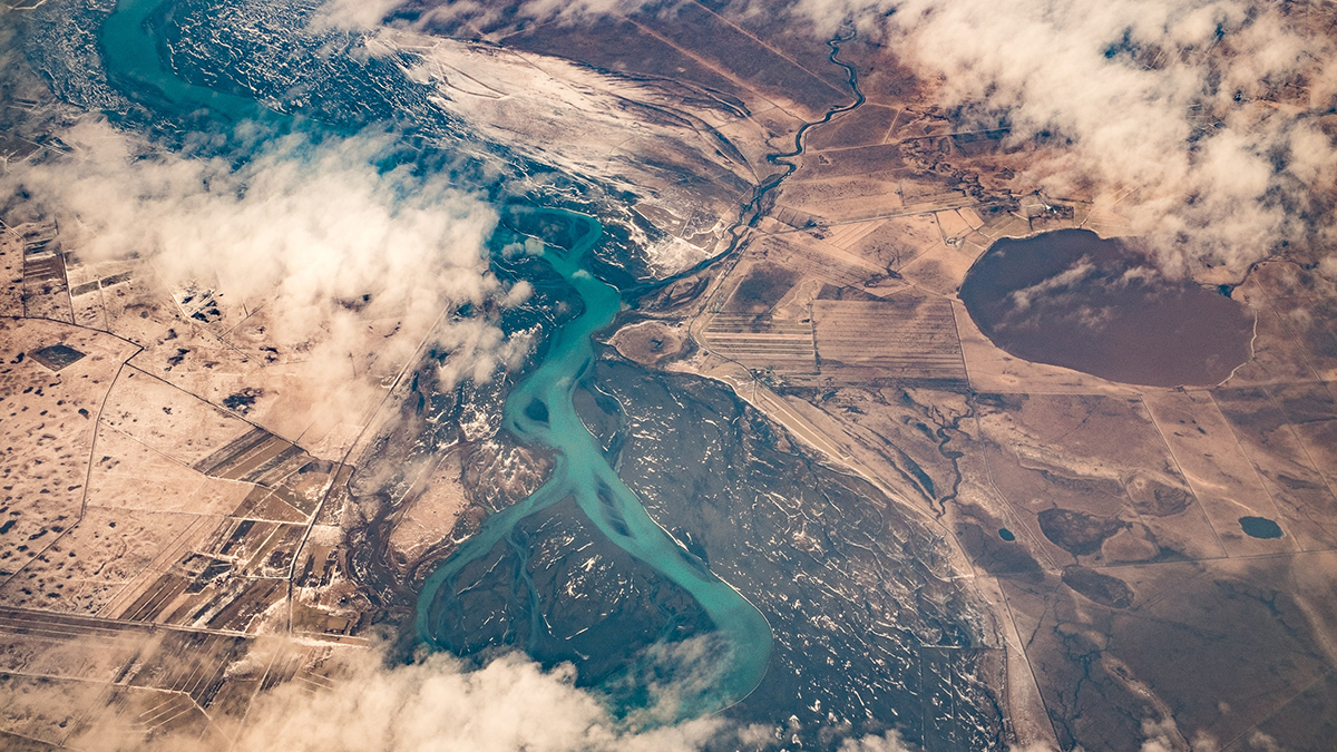 Aerial image of a forked river system