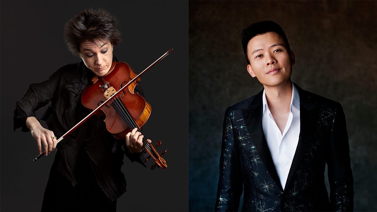 Tahlia Petrosian playing viola and David Fung against black background