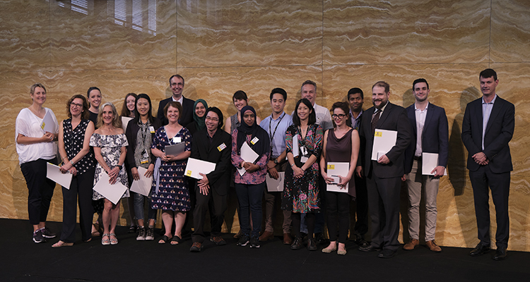 Award winners of the 2019 Teaching Excellence Awards onstage with the-then PVCE, Prof Alex Steel