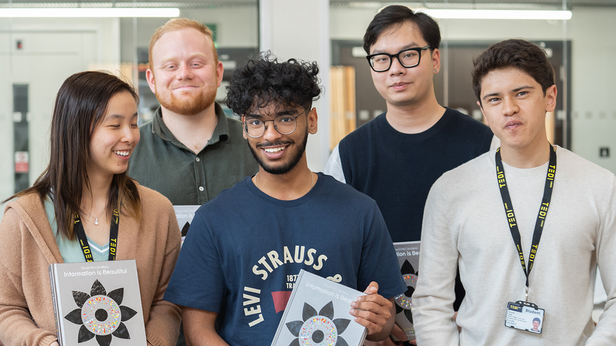 Five students pose with a book titled "Innovation is beautiful"