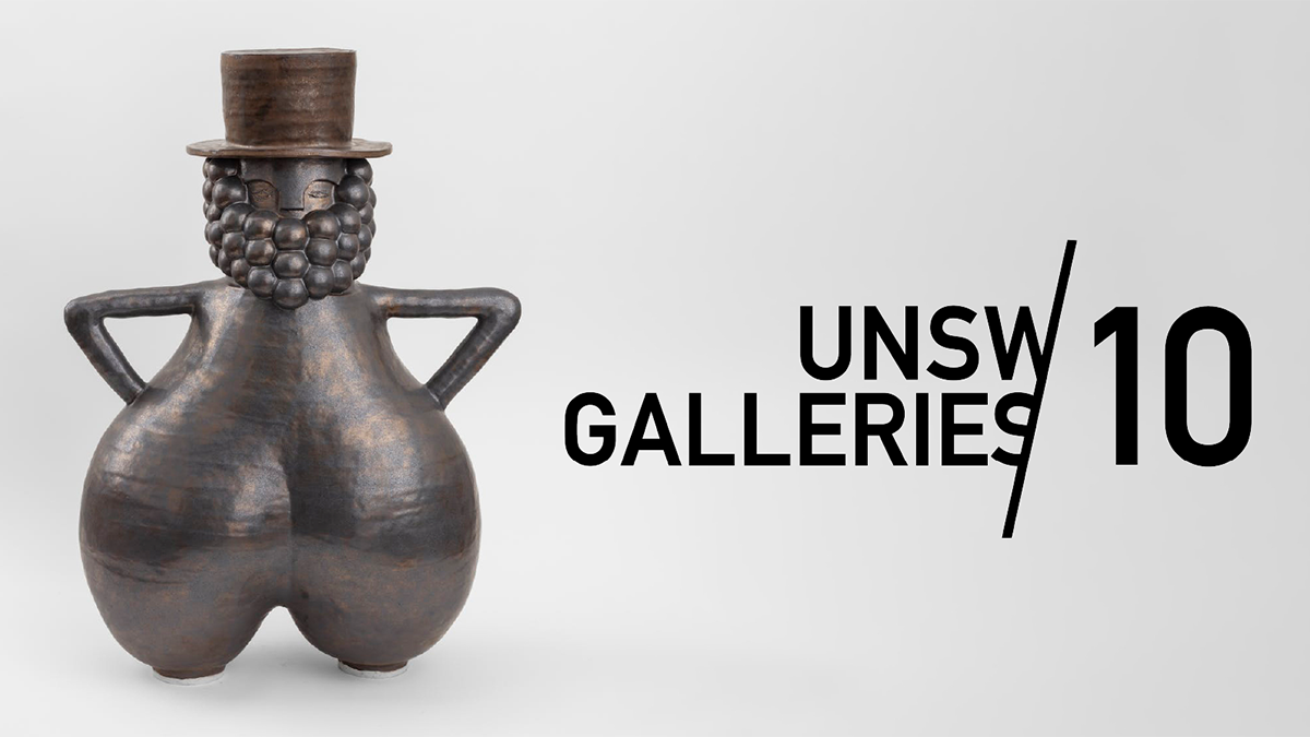 a ceramic pot in the shape of a man with the words 'UNSW Galleries/10"