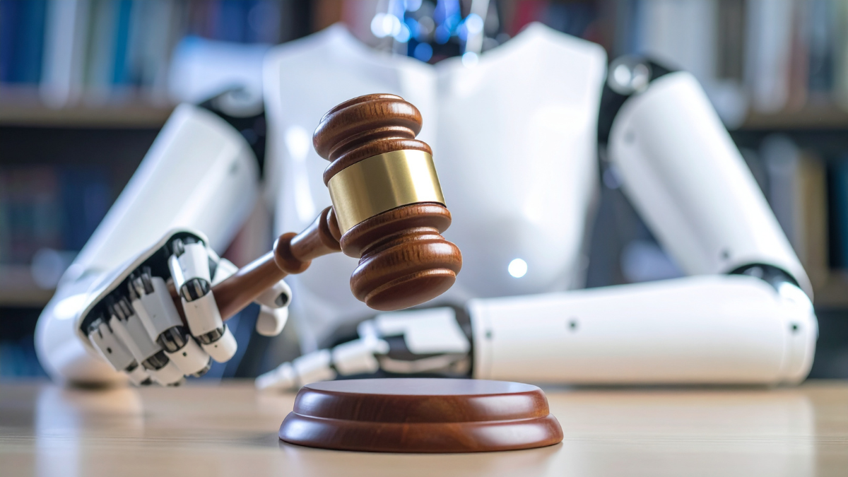 A robot sitting in a judges seat in court.