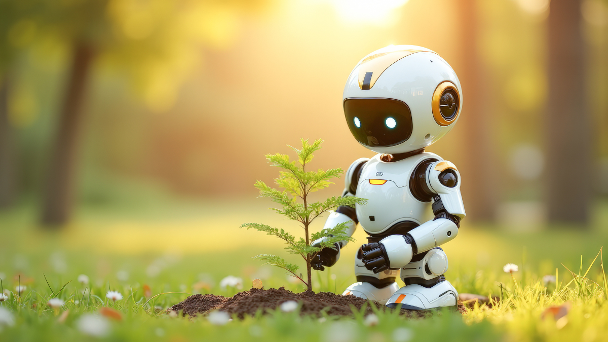 A small robot in the sunshine looking at a sapling it has just planted.
