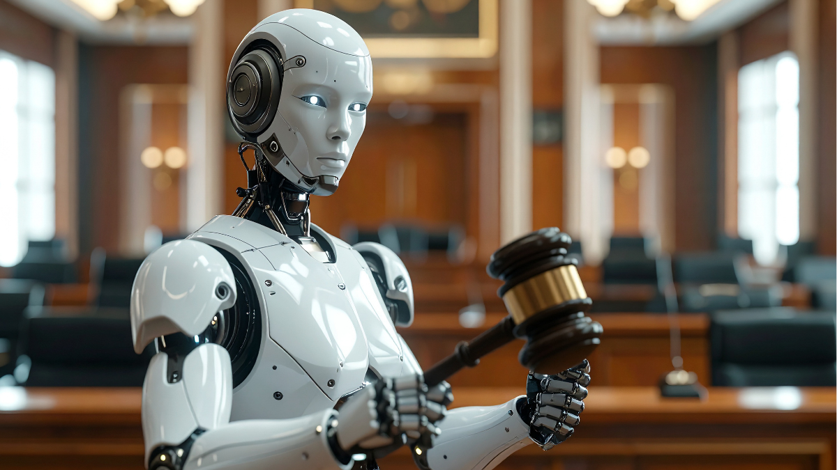 A robot judge in a courtroom.