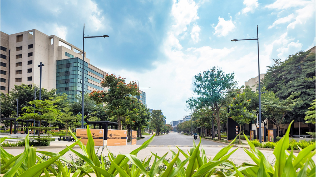 View of a street with modern buildings