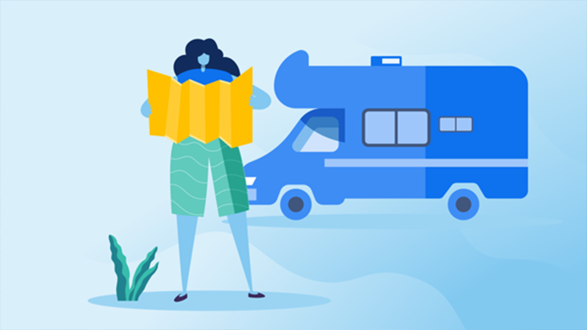 UniSuper graphic of woman with map and camper van