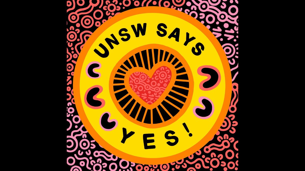 A brightly coloured illustration of a heart within circles saying UNSW SAYS YES!