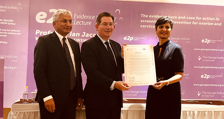 Professor Ian Jacobs with Professor Vivekanand Jha, Executive Director of The George Institute for Global Health India, and the Australia-India High Commissioner, Harinder Sidhu