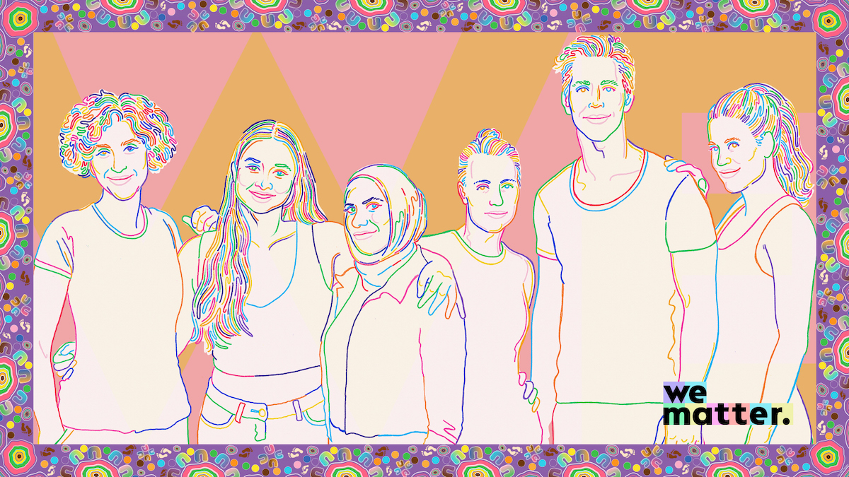 An illustration of six diverse people standing arm in arm