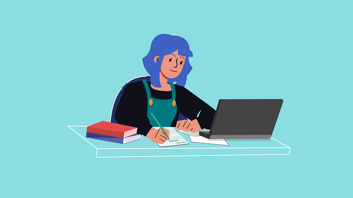 Illustration of a girl working at a computer against a blue background