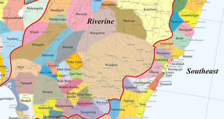 Closeup of a map of Indigenous nations of Australia