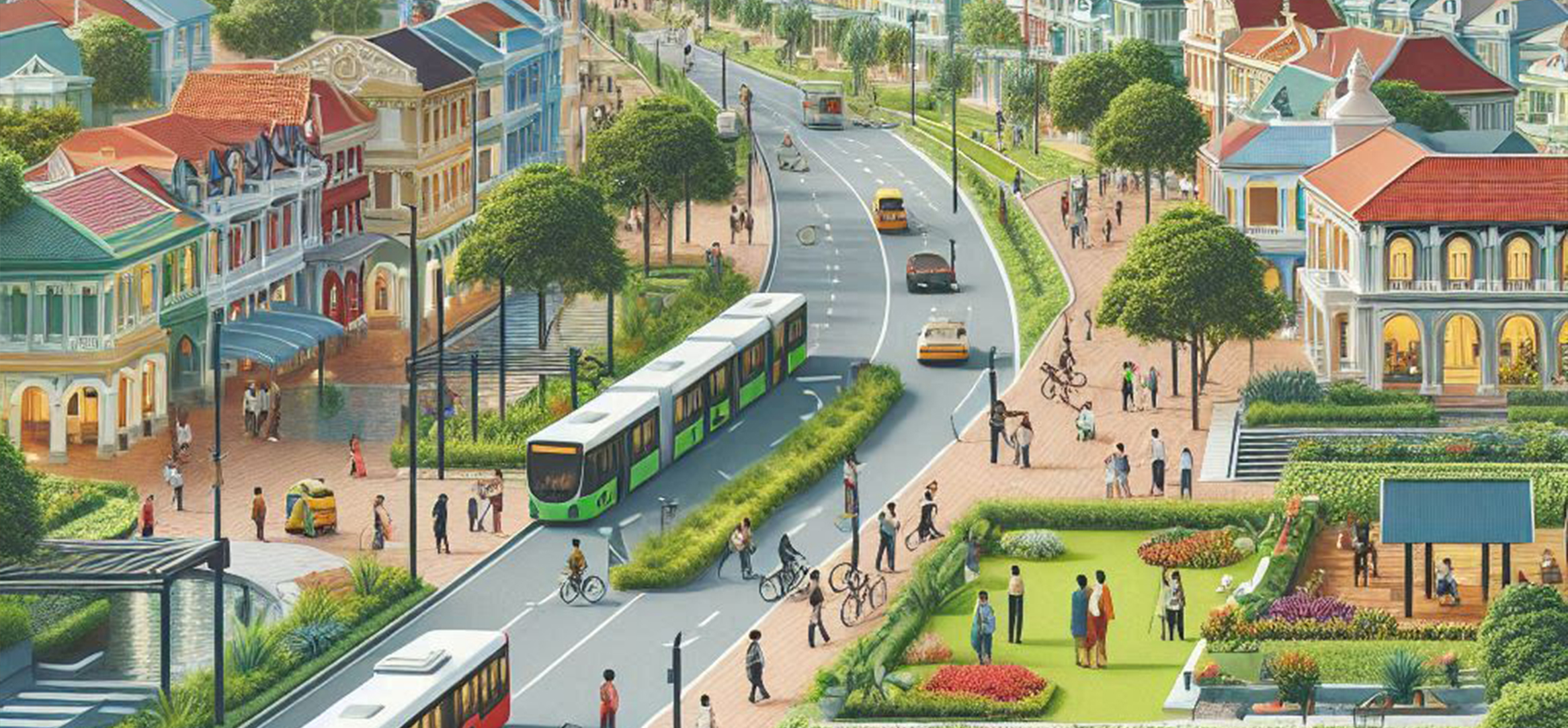 An illustration of a busy street with pedestrians, buses and a tram