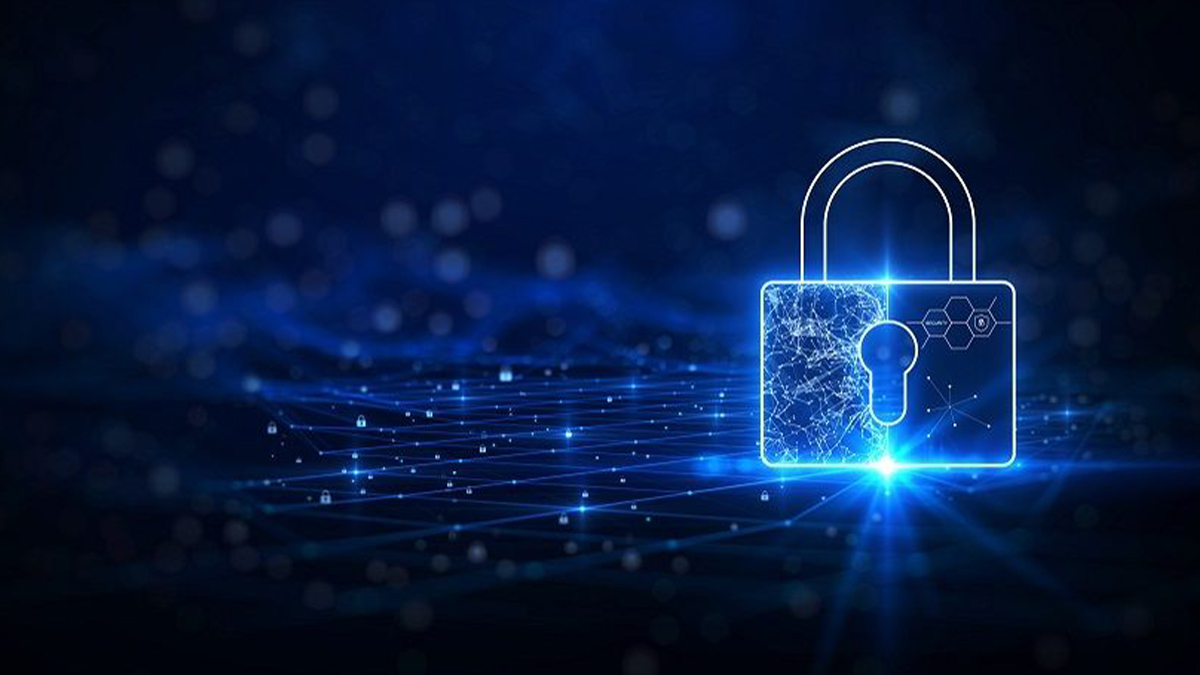 Graphic showing a digital padlock on a blue background