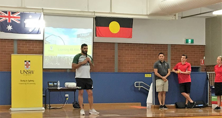 South Sydney's Greg Inglis speaks to a crowd of high school students in partnership with UNSW