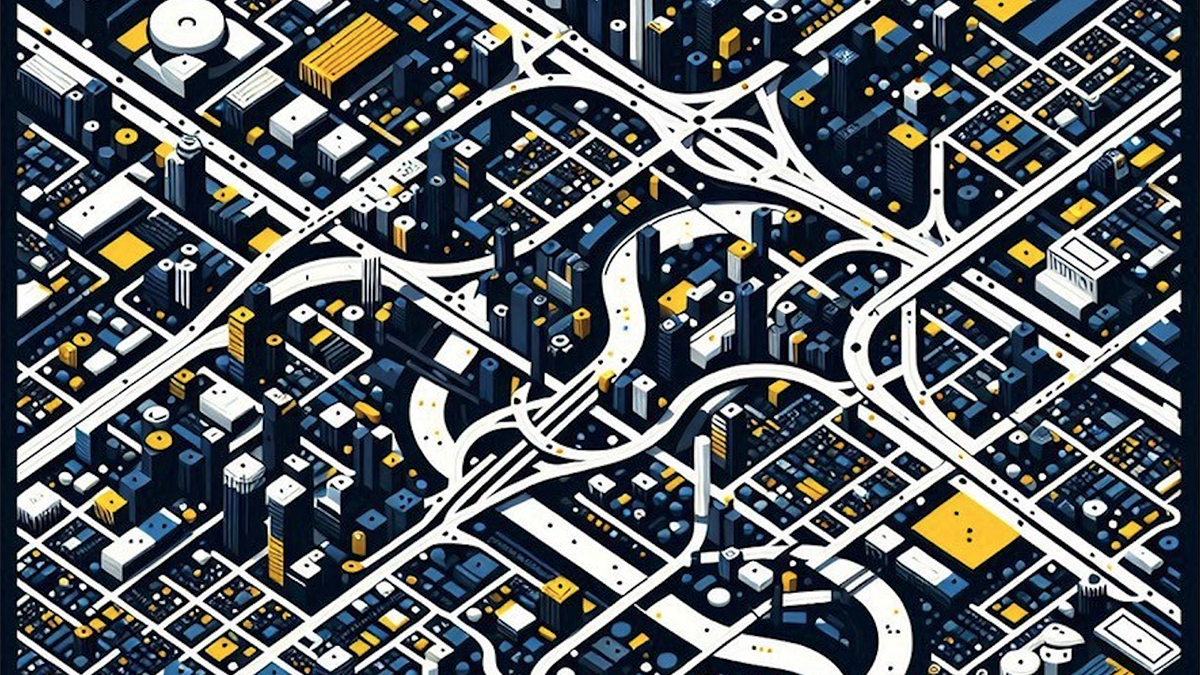 An abstract map of a city in black, blue and yellow