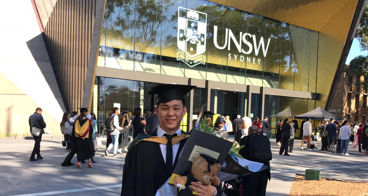 Kieren Chan in front of Clancy Auditorium