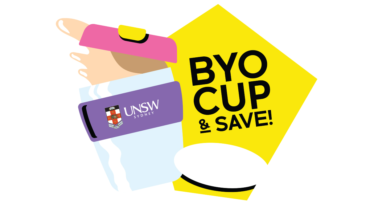 graphic of keep cup with "BYO cup and save" text