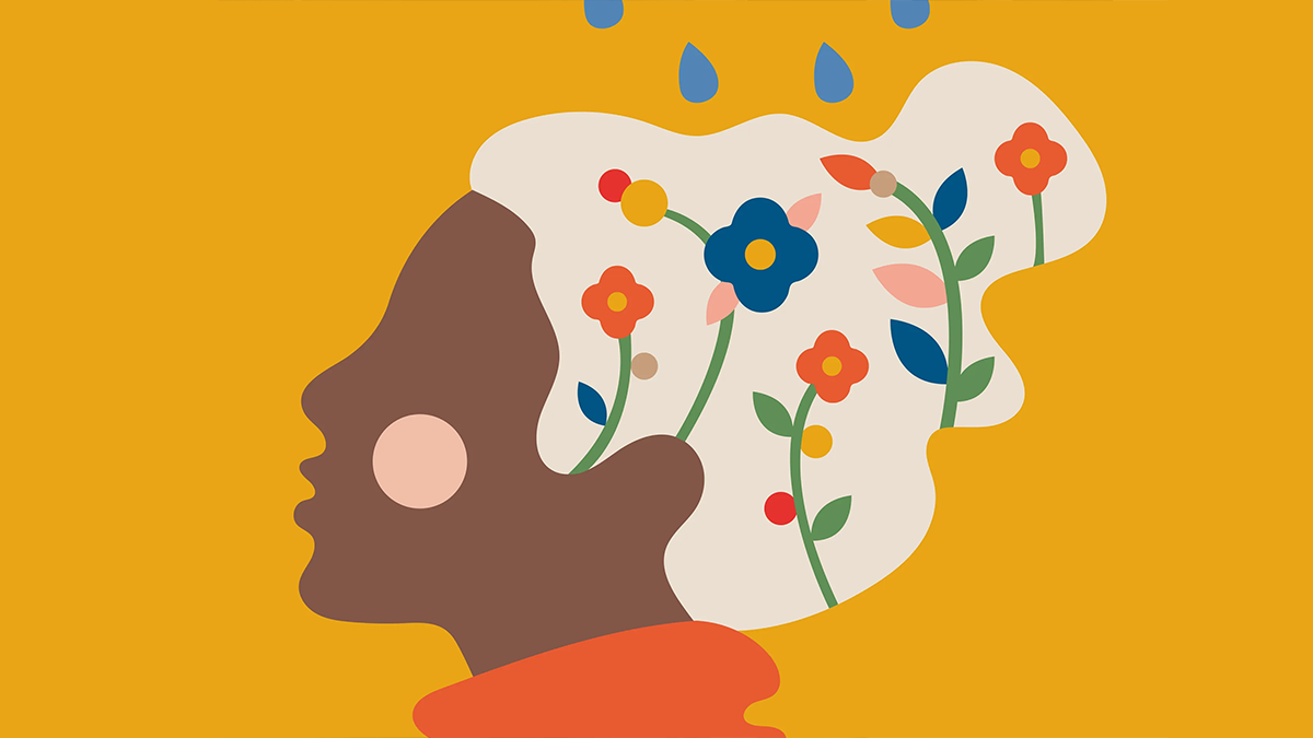 Illustration of woman with flowers in her mind