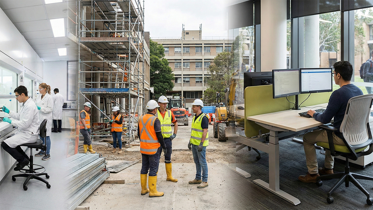 Triptych showing three different work environments - a lab, a building site and an office