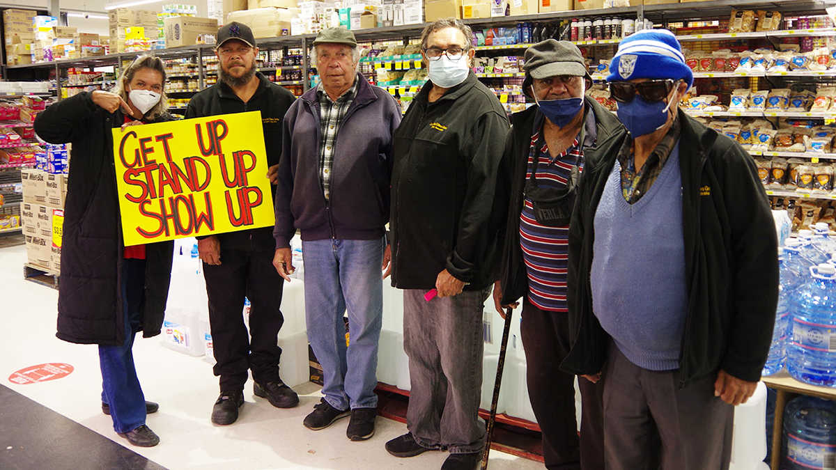 Dharriwaa Elders Group staff and Elders protesting the need to buy bottled water given the poor quality of Walgett’s tap water