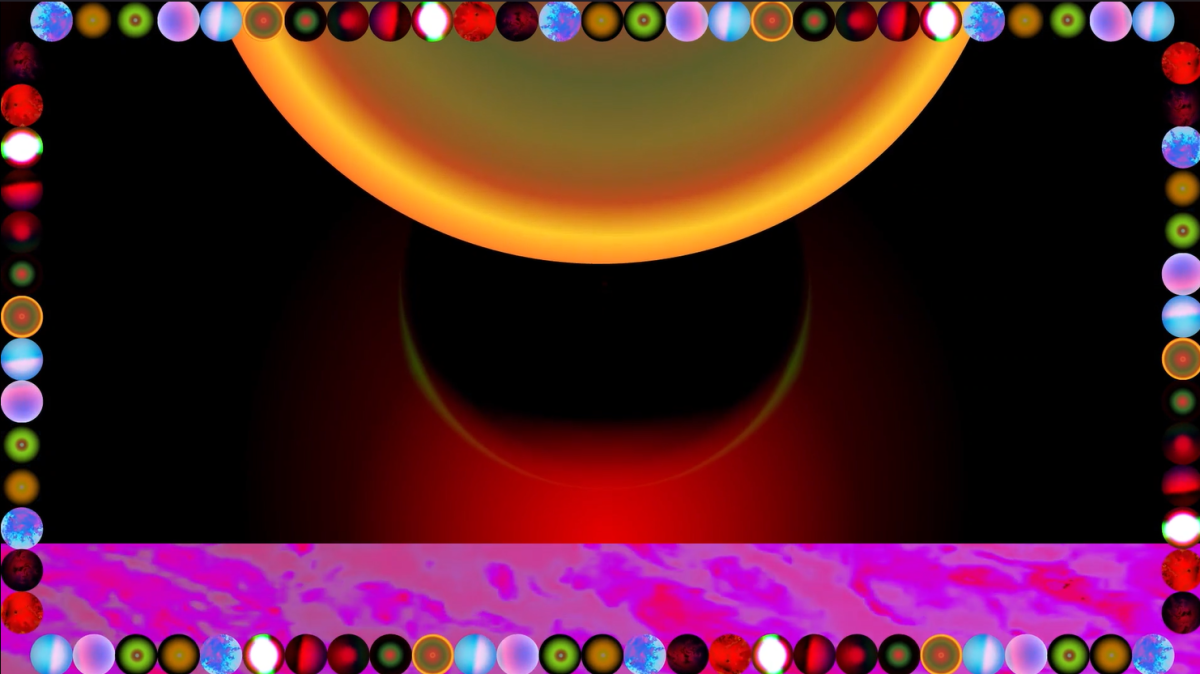 Abstract image showing planet like spheres with colourful border of discs